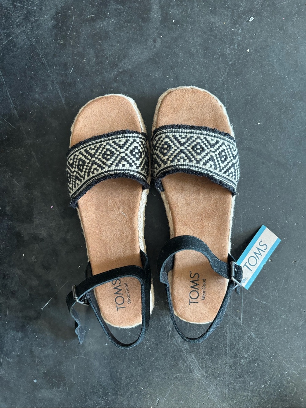 TOMS Black & Natural Woven Espadrille Ankle-Strap Sandals